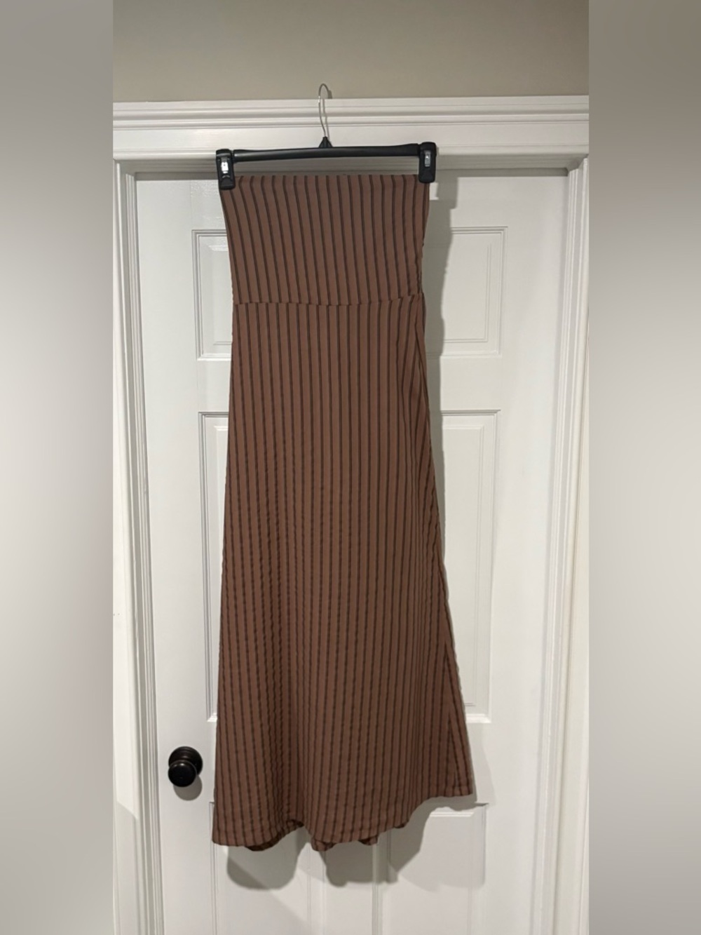Olivaceous Strapless Ribbed Maxi Dress in Brown